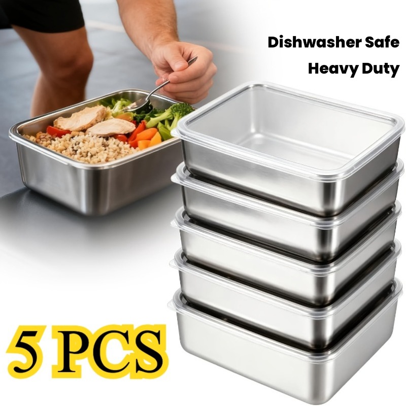 Meal Prep Containers Xl - 5-delige set roestvrijstalen voedselcontainers, lekvrij, stapelbaar,