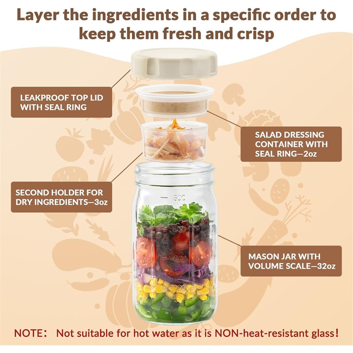 Meal Prep Jar Salad - A67T NIEUW 4-pack glazen saladepotten met